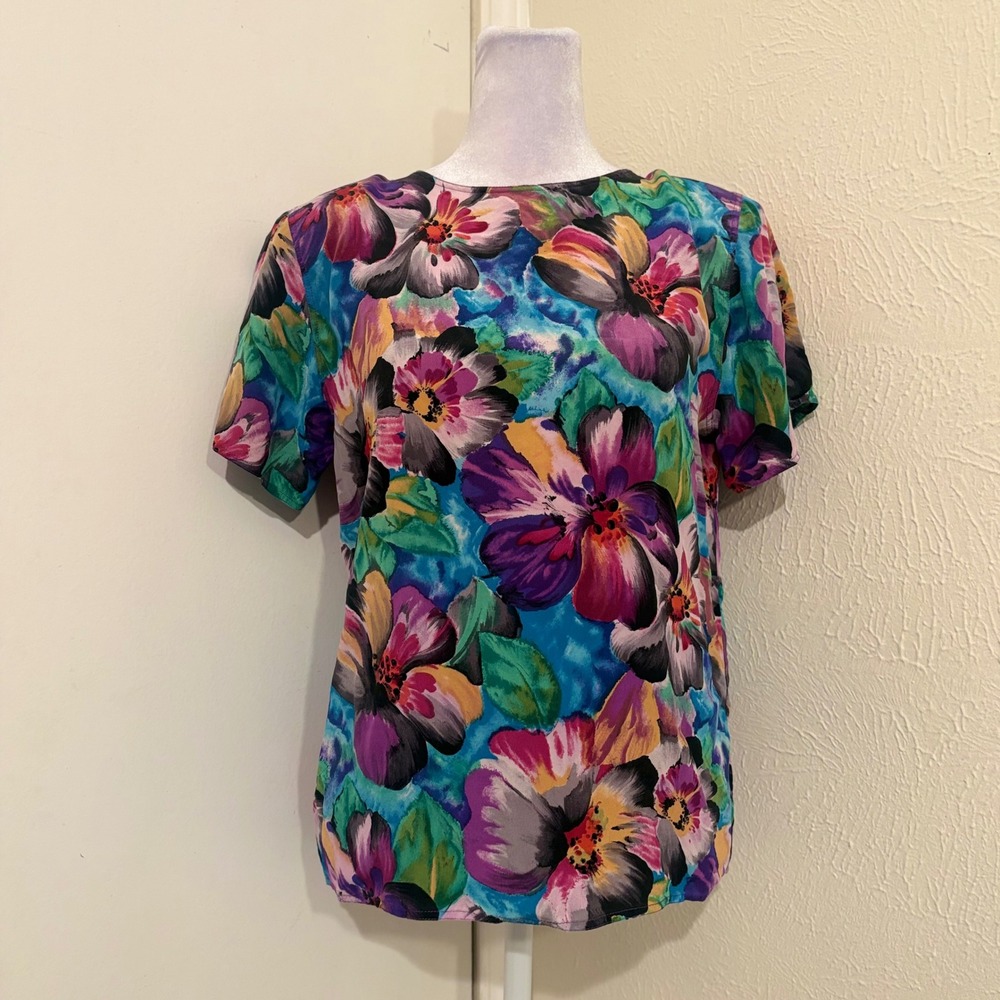 Vintage 90s Illustrations Silk Floral Rainbow Watercolor Short Sleeve Blouse S